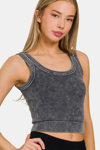 Introducing our Washed Scoop Neck Wide Strap Tank Top – a trendy yet relaxed piece that perfectly balances style and comfort. With its flattering scoop neckline and wide straps, it offers great support and a flattering fit