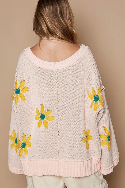 POL V-Neck Floral Pattern Chenille Sweater