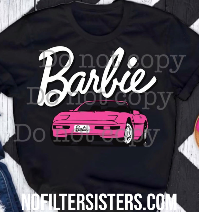 Barbie Pink Car Black T-shirt - Made from a good quality poly/spandex mix