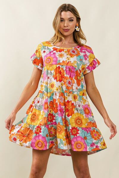 BiBi Short Sleeve Tiered Floral Dress