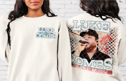 Luke Combs World Tour Graphic Tee  Starting at $26.95 add $6 if want crewneck sweater. Please allow 3-4 business days. Available in sizes Small-4X 