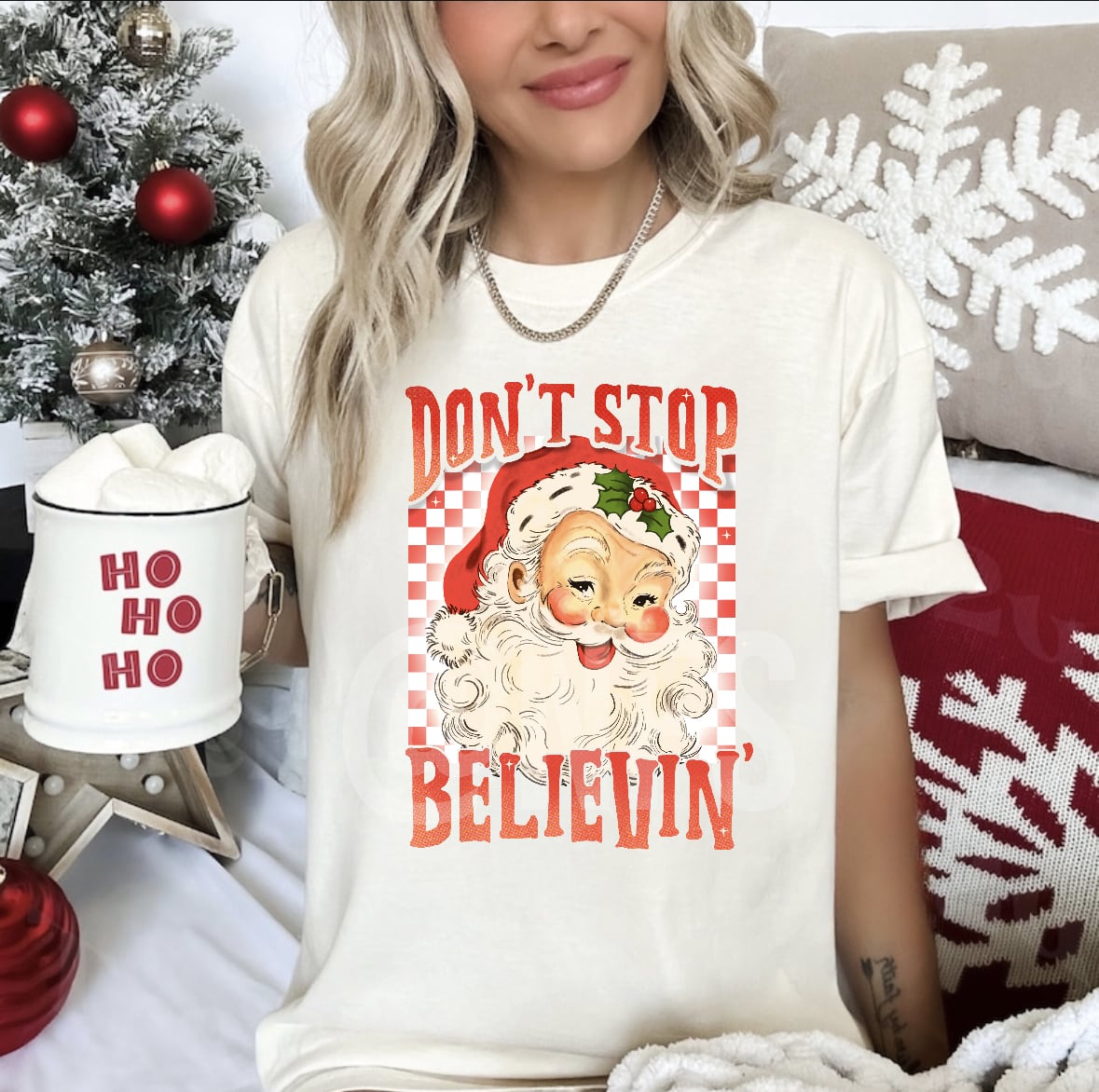 Christmas Graphic Tee- Believe Santa in Red - Show Off Your Festive Spirit in Style!