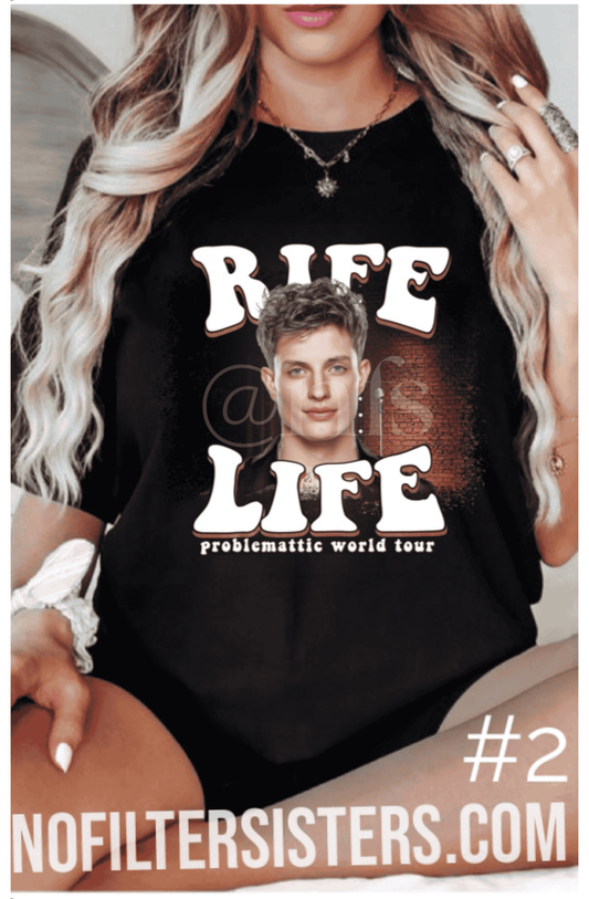 Rife Life World Tour Tee. On Unisex Fit Black Tee. Go true to size. Available in small to 4x