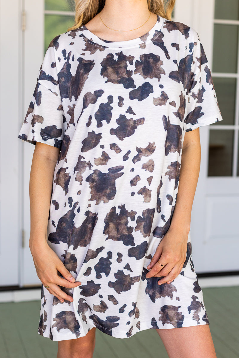 white and brown cow print tee shirt dress