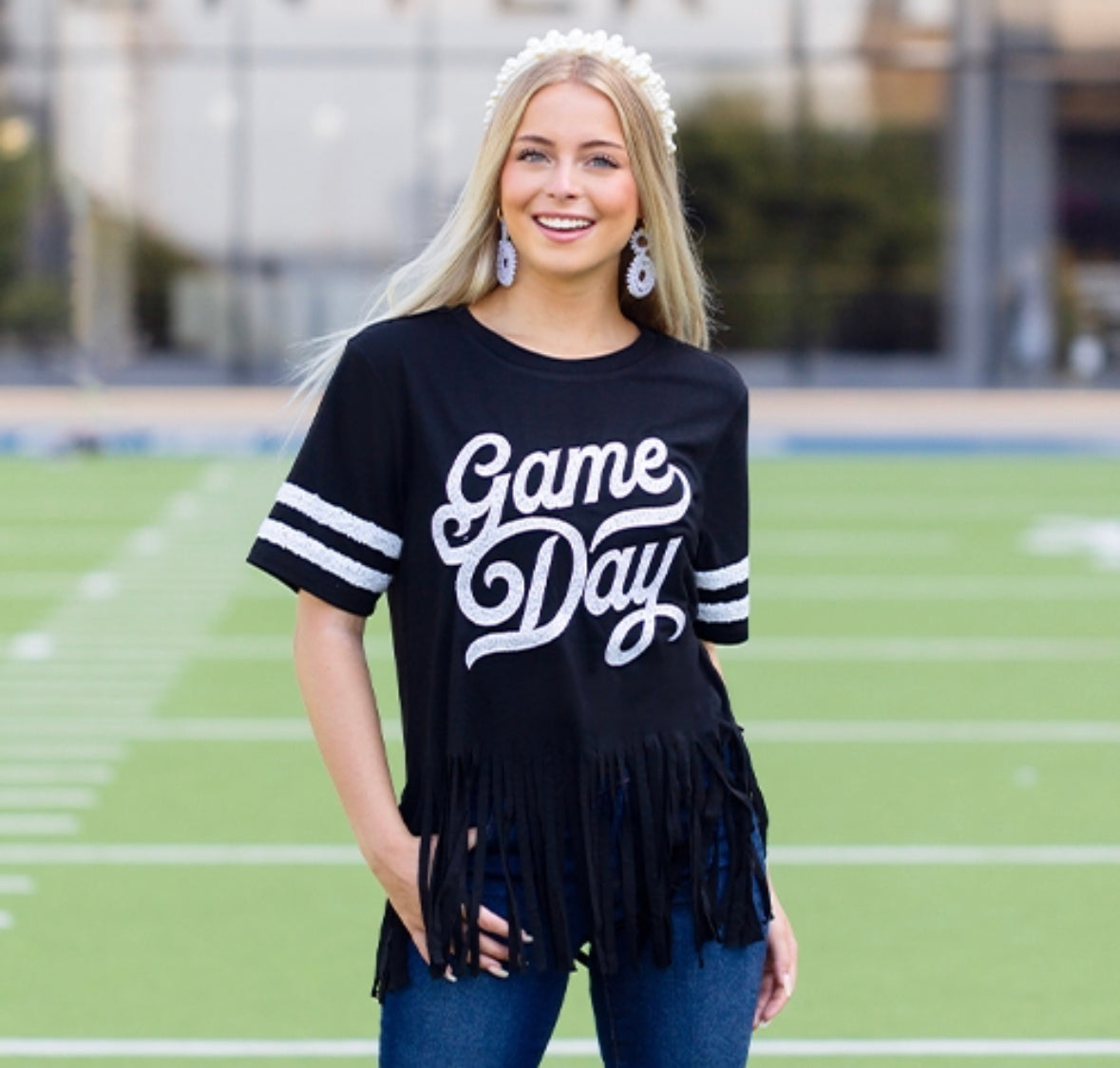 Sequin Game Day Fringe Tee-3 colors ,Game day tshirt, black