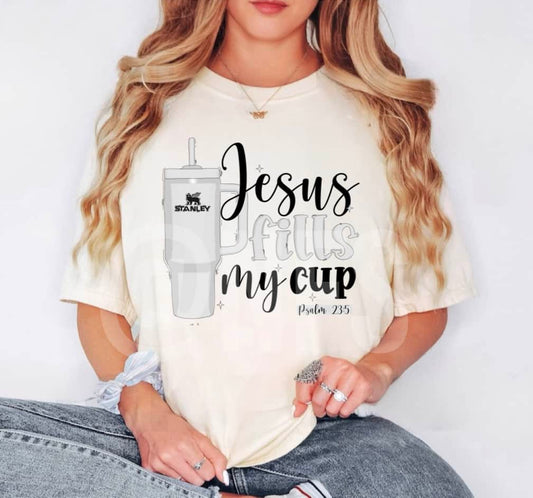 Women's Jesus Fills My Cup-Grey St Cup tshirt  white black letters