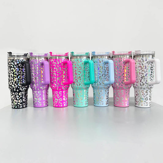 Holographic 40oz Leo Print Tumbler with straw