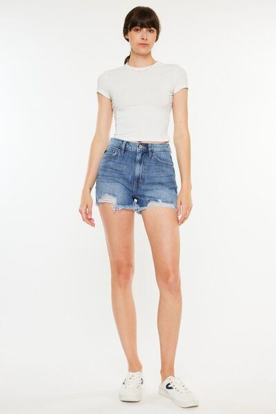 Women's High Waisted Jean Shorts: Distressed Raw Hem High Waist Denim Shorts are a trendy and edgy choice for those looking to add a touch of urban flair to their summer wardrobe.