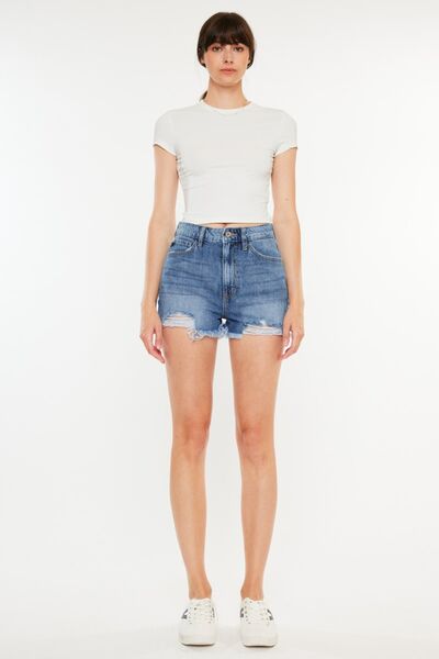 Women's High Waisted Jean Shorts: Distressed Raw Hem High Waist Denim Shorts are a trendy and edgy choice for those looking to add a touch of urban flair to their summer wardrobe.