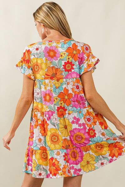 BiBi Short Sleeve Tiered Floral Dress 