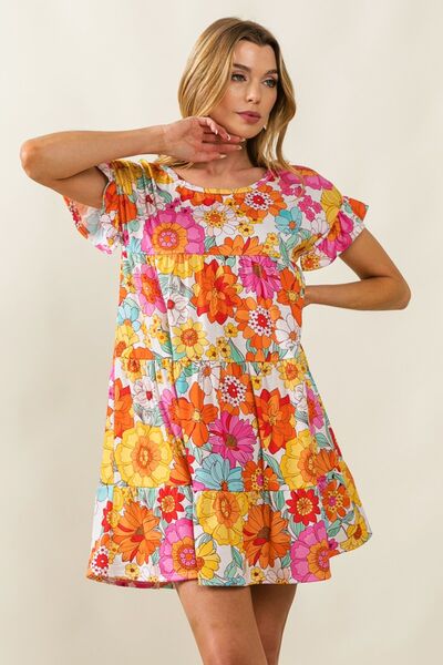 BiBi Short Sleeve Tiered Floral Dress
