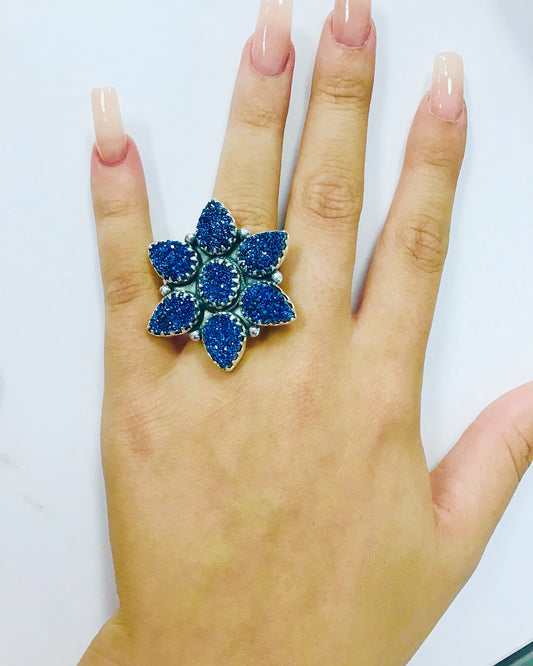 Cobalt Druzy Flower Sterling Ring-Adjustable One Size