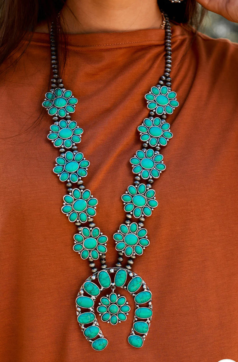 Turquoise Flower Squash Blossom Necklace