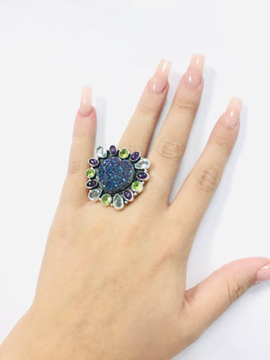 Mystic Midnight Druzy Sterling Adjustable One Size Ring